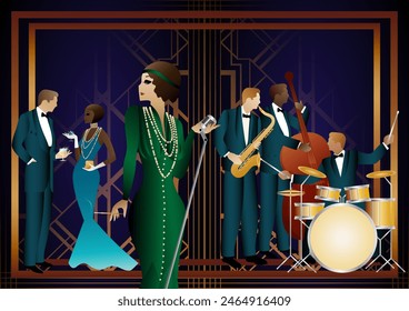 Jazz musicians and singer in a restaurant, cafe or bar. Double bass, saxophone, drum. Musicians play musical instruments