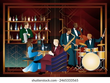 Jazz musicians and singer in a restaurant, cafe or bar. Double bass, saxophone, drum. Musicians play musical instruments