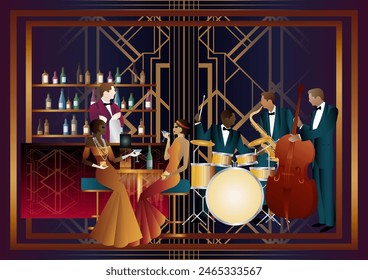 Jazz musicians and singer in a restaurant, cafe or bar. Double bass, saxophone, drum. Musicians play musical instruments