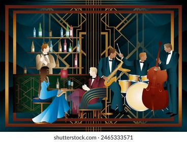Jazz musicians and singer in a restaurant, cafe or bar. Double bass, saxophone, drum. Musicians play musical instruments