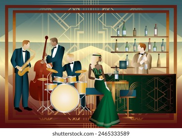 Jazz musicians and singer in a restaurant, cafe or bar. Double bass, saxophone, drum. Musicians play musical instruments