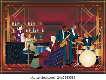 Jazz musicians and singer in a restaurant, cafe or bar. Double bass, saxophone, drum. Musicians play musical instruments