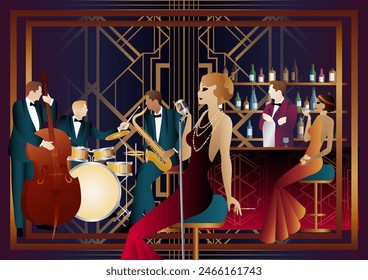 Jazz musicians and singer in a restaurant, cafe or bar. Double bass, saxophone, drum. Musicians play musical instruments