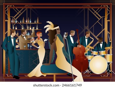 Jazz musicians and singer in a restaurant, cafe or bar. Double bass, saxophone, drum. Musicians play musical instruments