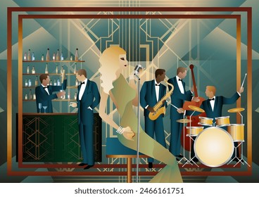 Jazz musicians and singer in a restaurant, cafe or bar. Double bass, saxophone, drum. Musicians play musical instruments