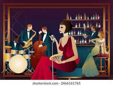 Jazz musicians and singer in a restaurant, cafe or bar. Double bass, saxophone, drum. Musicians play musical instruments