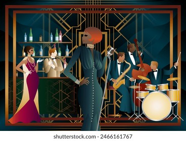 Jazz musicians and singer in a restaurant, cafe or bar. Double bass, saxophone, drum. Musicians play musical instruments