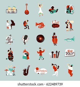 Jazz musicians and various musical instruments flat icons set isolated vector illustration