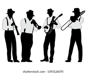 Jazz musicians with wind instruments in white shirts. Isolated silhouettes on a white background