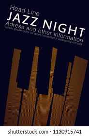 Jazz night dark blue and white poster design with concentric circles and piano keys