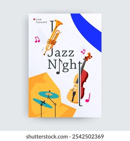 Jazz Night ilustração de cartaz de concerto ao vivo, design de celebração de festival de música com trompete, violino e instrumentos musicais de tambor. cartazes de música. Festa de Entretenimento