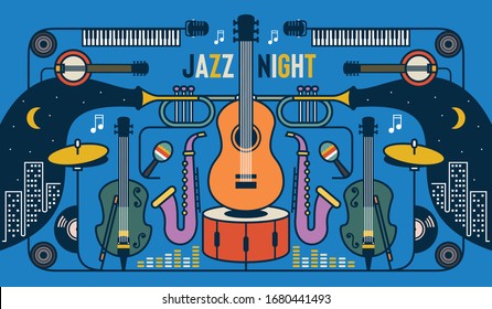 Jazz night music banner poster illustration vector. Background music concept. Artistic jazz night background in color. Jazz musical instruments vector design