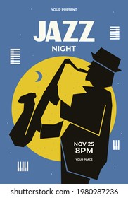 Jazz night music poster design. Invitation for music festival. Vector design template with place for your text. Jazz poster, musical band invitation illustration. Jazz music instrument background