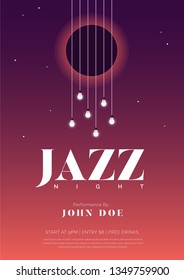 Jazz night music poster with guitar strings and bulbs