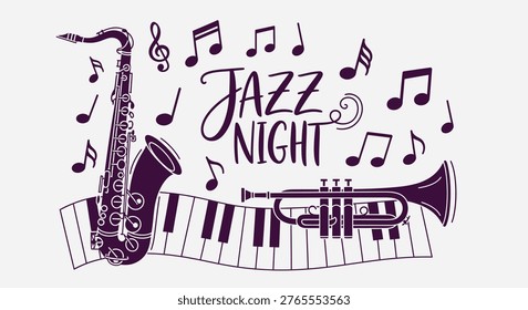 Jazz Night musical illustration featuring a saxophone, trumpet, piano keys, and musical notes in a minimalist dark purple style on a light background.