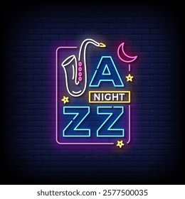 jazz night neon sign with brick wall background vector