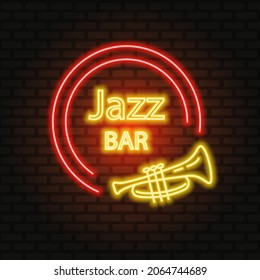 Noche de jazz Neon Vector. Signo de neón, logotipo, pancarta brillante, publicidad nocturna brillante para sus proyectos sobre música jazz. Música en directo