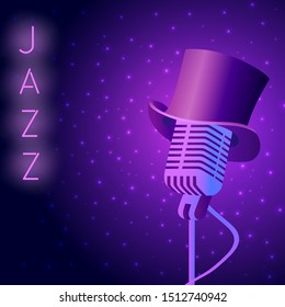 Jazz night party vector glowing poster with cylinder hat, retro mic and negative space