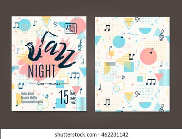 Jazz Night, poster background template. Hand drawn Typographic flyer or poster. Geometric seamless pattern Memphis style is under mask and named. Vector design. 