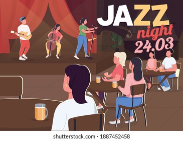 Jazz night poster flat vector template. Modern music festival creation. Unique song listening. Brochure, booklet one page concept design with cartoon characters. Talented musician party flyer, leaflet