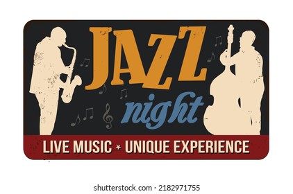 Jazz night vintage rusty metal sign on a white background, vector illustration