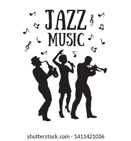 Jazz  Orchestra. Silhouettes  of trumpet player, saxophonist and african woman singer. 50's or 60's style musicians 