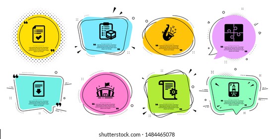 Jazz, Parcel checklist and Approved checklist line icons set. Chat bubbles with quotes. Puzzle, Crane claw machine and Technical documentation signs. Arena, Download file symbols. Vector
