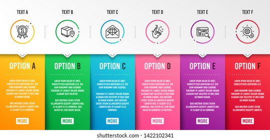 Jazz, Parcel tracking and Reward icons simple set. Website search, Web mail and Cogwheel signs. Saxophone, Package location pin. Business set. Infographic template. 6 steps timeline. Business options
