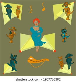 Jazz party.  Dancing young afro woman, cat and dog on backing vocals and backing dance