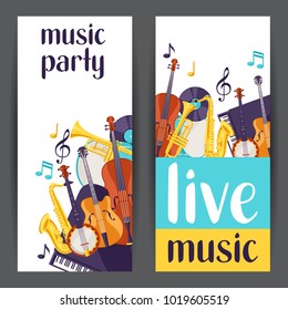 Jazz party live music banners with musical instruments.
