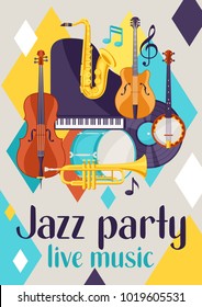 Jazz party live music retro poster with musical instruments.