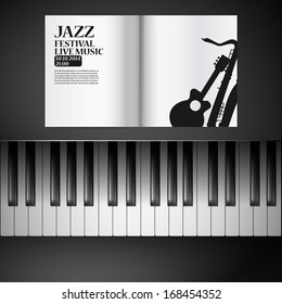 Jazz party poster: blank open notebook on the white background