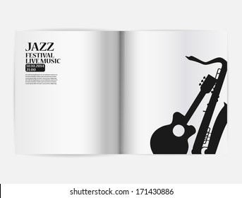 Jazz party poster: blank open notebook on the white background