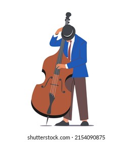 Jazz Performance On Scene, Instrumental Ensemble. Musician Male Character Playing Contrabass Or Cello String Instrument Perform On Stage With Music Concert. Cartoon Vector Illustration