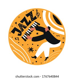 A jazz pianist performs a musical melody. Jazz piano. Vector illustration of a musician in a tuxedo