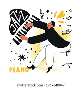 A jazz pianist performs a musical melody. Jazz piano. Vector illustration of a musician in a tuxedo