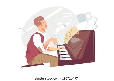 Jazz pianist at piano instrument vector illustration. Talented guy musician playing melody with notes flat style. Jazz, blues music, hobby, live perform concept. Isolated on white background