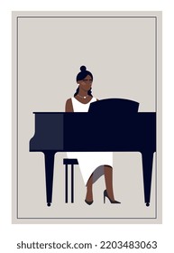 Jazz pianist poster. Young girl sitting at piano, pressing keys. Keyboard musical instruments, art. Song and composition, music. Professional artist on stage. Cartoon flat vector illustration