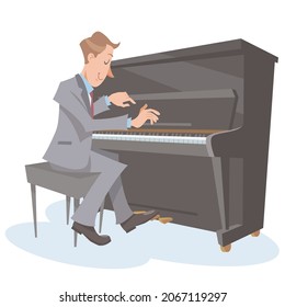 A jazz piano player performing on isolated white background. Performing with upright piano. Vector illustration in flat cartoon style.