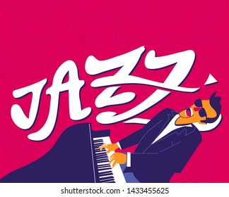 Pianista de jazz cantando y tocando gafas de sol. Ilustración moderna de colores planos.