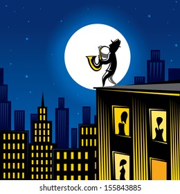 Jazz player on the building, city music (Vector)