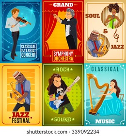 Jazz playing musicians and classical symphony orchestra conductor 6 flat banners composition poster abstract isolated vector illustration