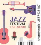 Jazz poster background template for music festival with guitar, saxophone, trumpet, piano keys. Event flyer design. Vintage retro style illustration