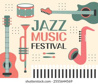 Jazz poster background template for music festival with guitar, saxophone, trumpet, piano keys. Event flyer design. Vintage retro style illustration