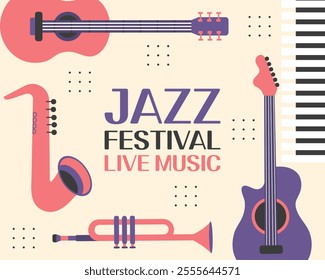 Jazz poster background template for music festival with guitar, saxophone, trumpet, piano keys. Event flyer design. Vintage retro style illustration