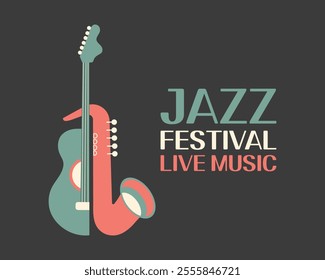 Jazz poster background template for music festival with guitar, saxophone, trumpet, piano keys. Event flyer design. Vintage retro style illustration