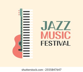 Jazz poster background template for music festival with guitar and piano keys. Event flyer design. Retro style illustration