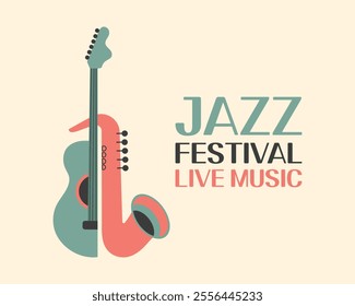 Jazz poster background template for music festival with guitar and saxophone. Event flyer design. Retro style illustration