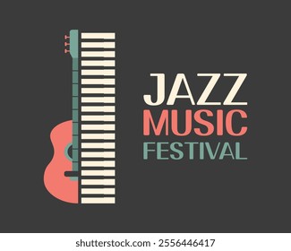 Jazz poster background template for music festival with guitar and piano keys. Event flyer design. Retro style illustration