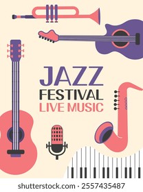 Jazz poster background template for music festival with guitar, saxophone, trumpet, piano keys. Event flyer design. Vintage retro style illustration